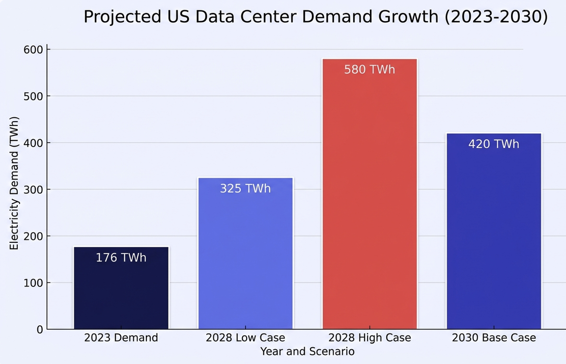 Bar chart of projected US data centre electricity demand: 176 TWh in 2023, 325 TWh 2028 low case, 580 TWh 2028 high case, 420 TWh 2030 base case