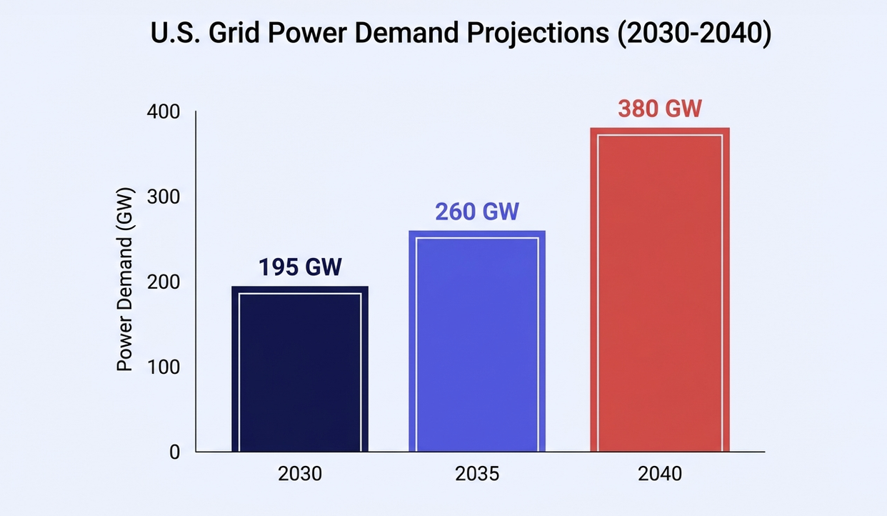 Bar chart of US grid power demand projections: 195 GW in 2030, 260 GW in 2035, 380 GW in 2040