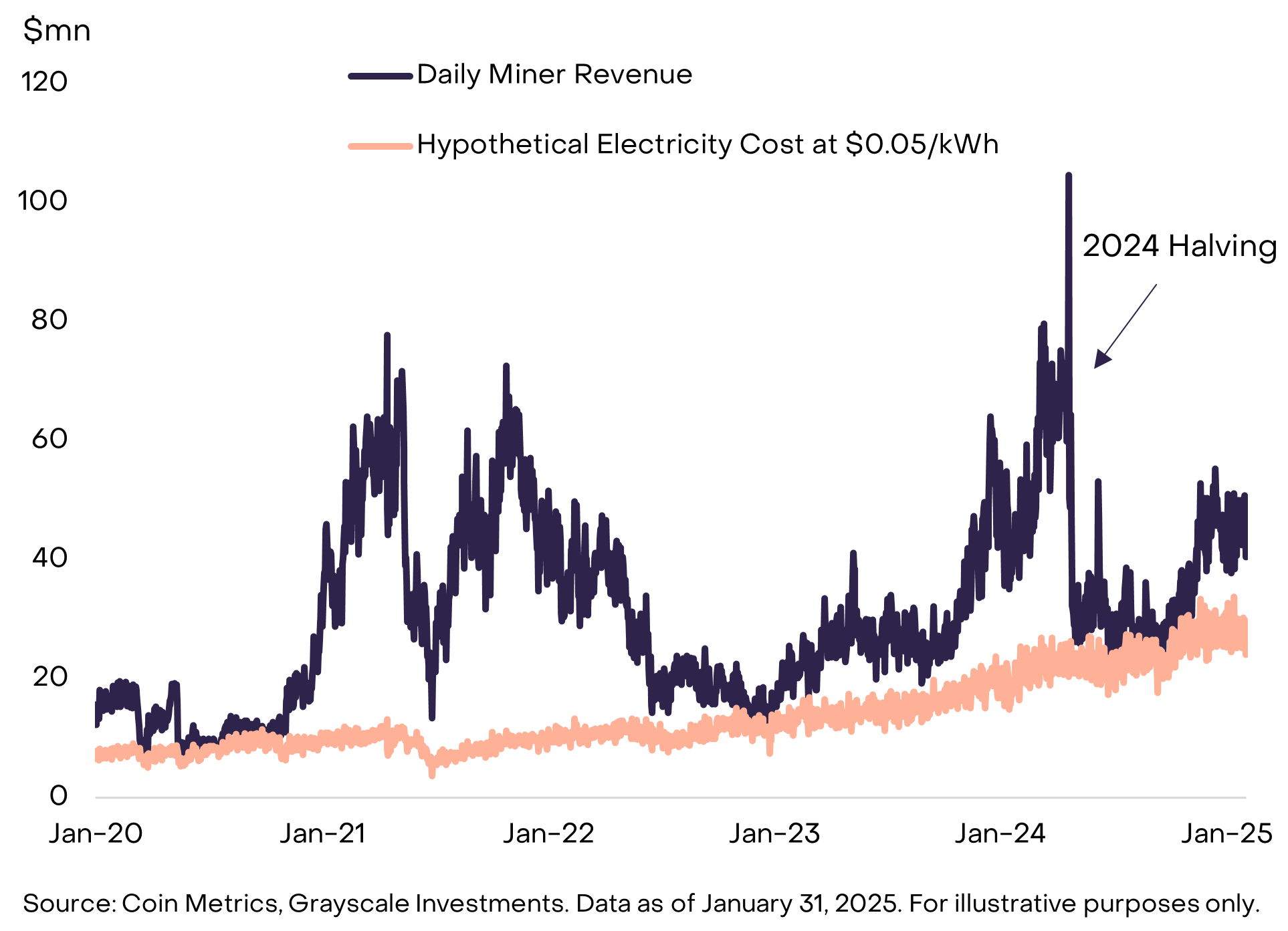 Chart comparing daily miner revenue in millions against hypothetical electricity cost at 5 cents per kilowatt-hour from January 2020 to January 2025, with the 2024 halving event marked showing a sharp revenue spike followed by compression