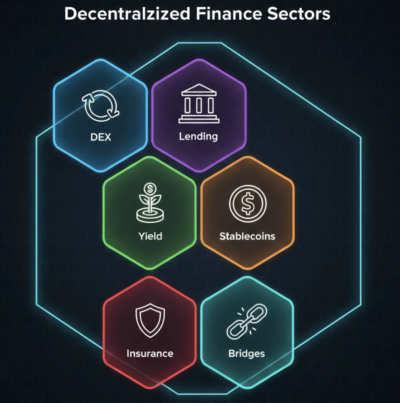 Decentralised Finance Sectors - DEX, Lending, Yield, Stablecoins, Insurance, Bridges